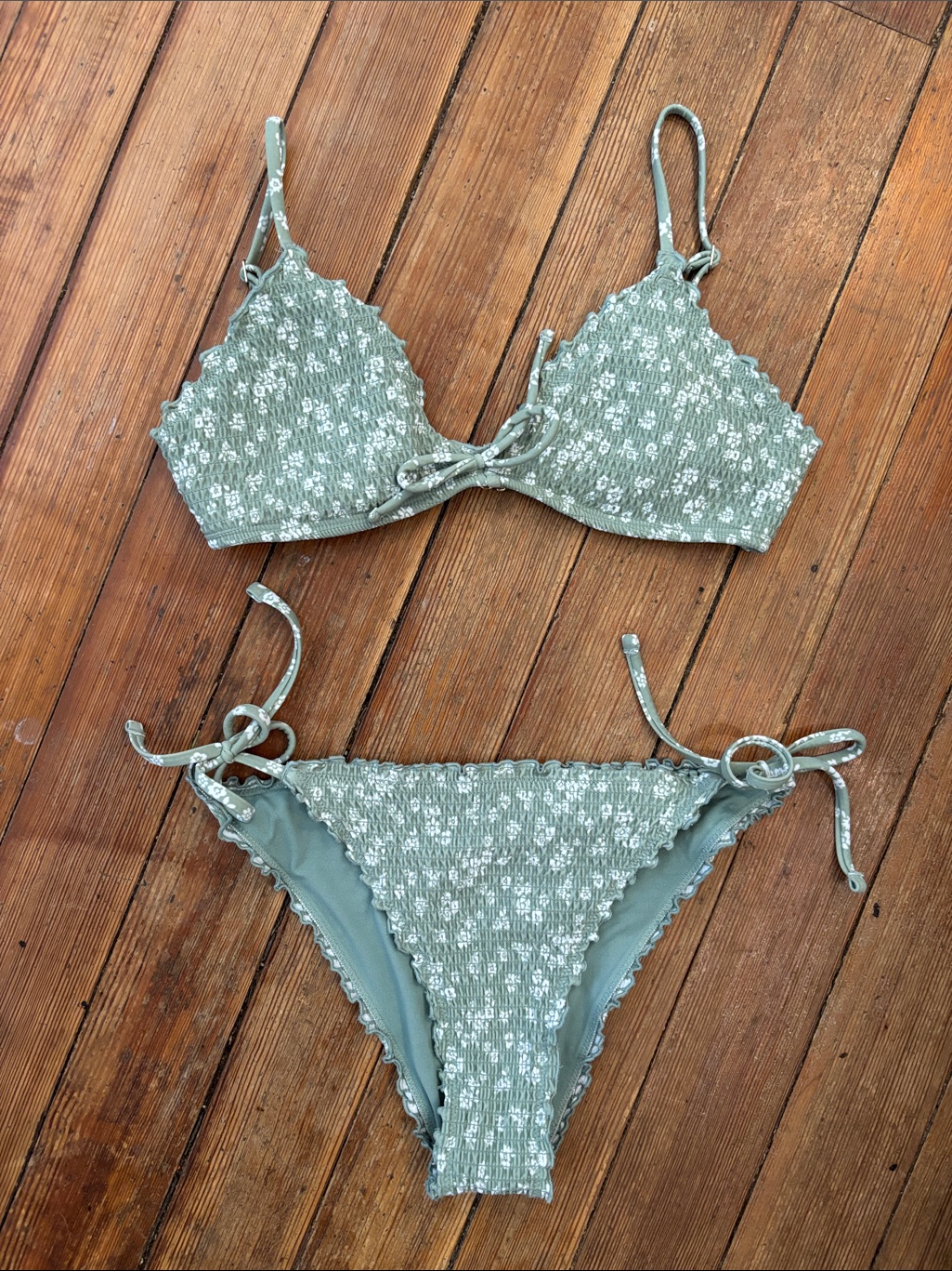 Hollister Sage Green Smocked Floral Tie-Side Bikini